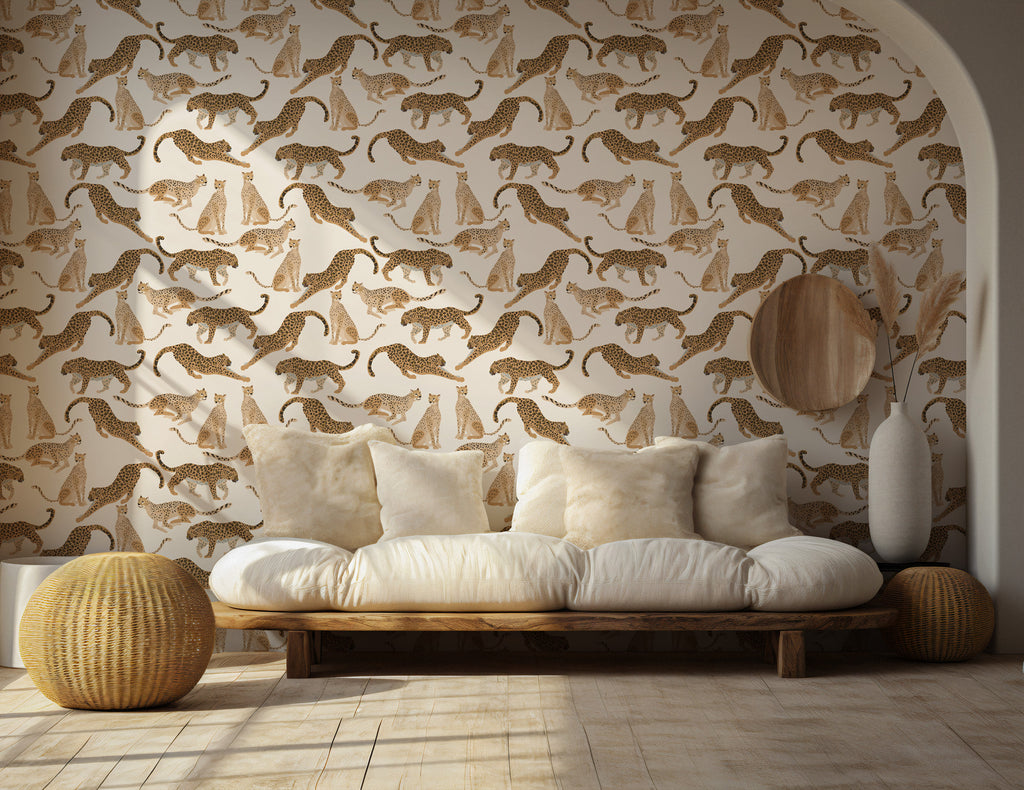 Modern Leopard Wallpaper : Walking Leopards Cream Animal Mural - View 3