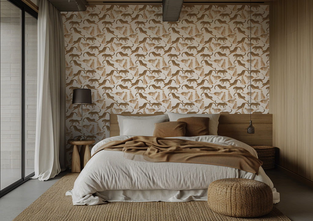 Modern Leopard Wallpaper : Walking Leopards Cream Animal Mural - View 4