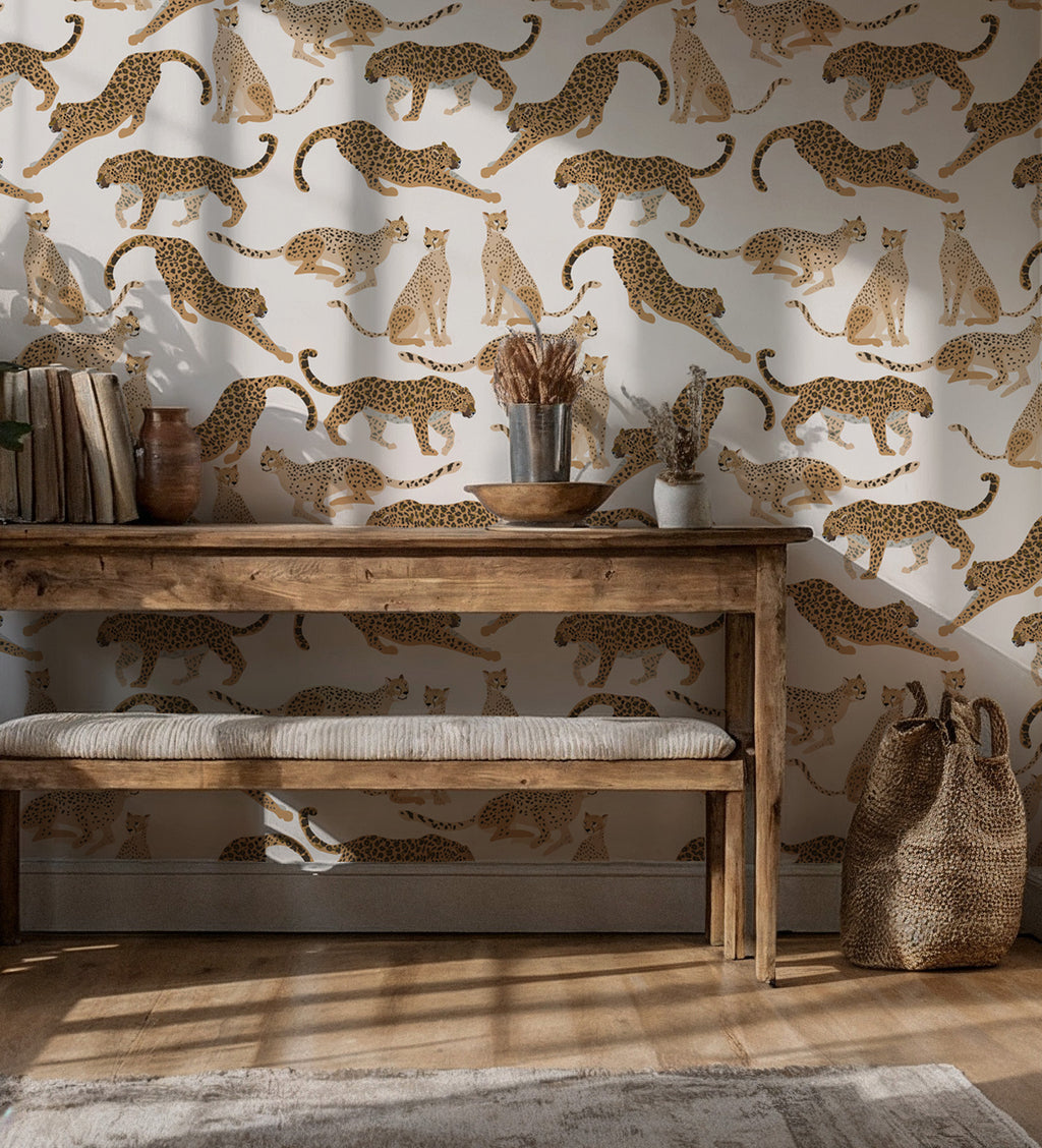 Modern Leopard Wallpaper : Walking Leopards Cream Animal Mural - View 5