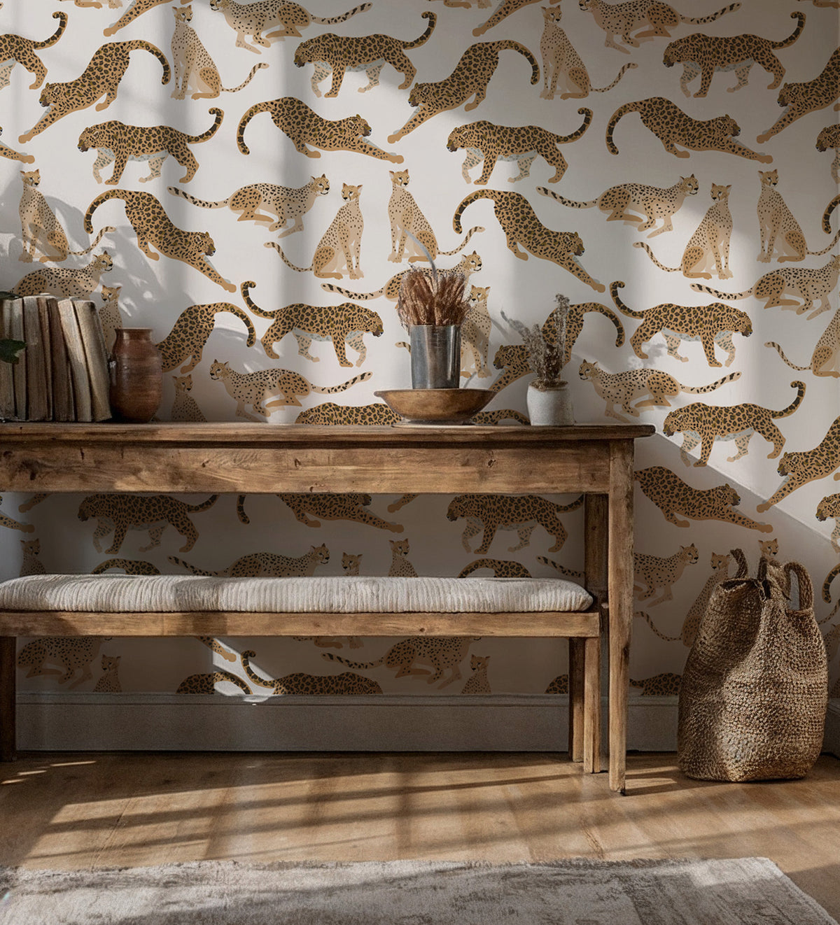 Modern Leopard Wallpaper : Walking Leopards Cream Animal Mural - View 5