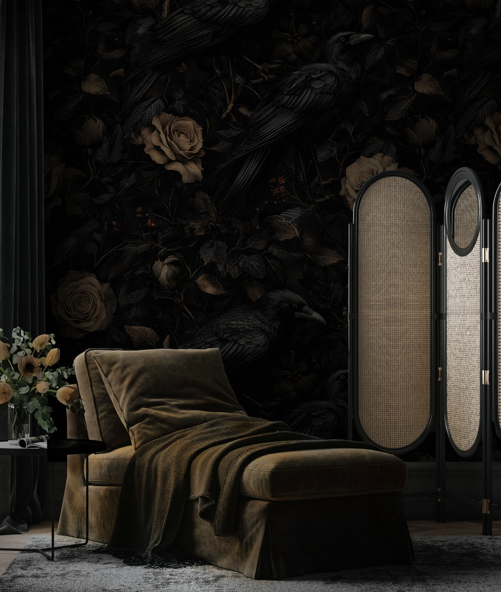 Raven and Rose Wallpaper : Gothic Dark Botanical Wall Mural