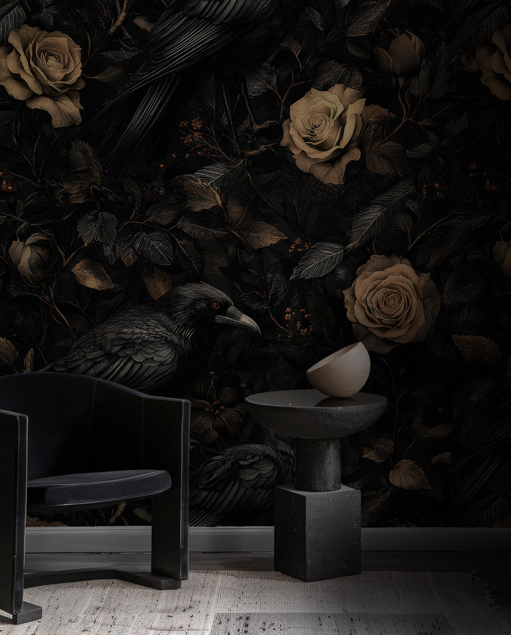 Raven and Rose Wallpaper : Gothic Dark Botanical Wall Mural - View 2