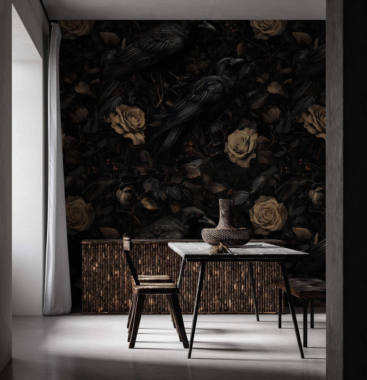 Raven and Rose Wallpaper : Gothic Dark Botanical Wall Mural - View 3