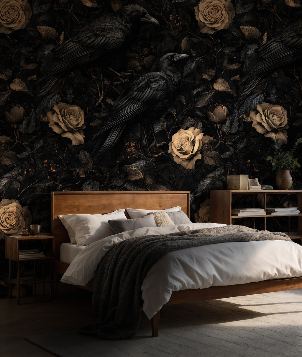 Raven and Rose Wallpaper : Gothic Dark Botanical Wall Mural - View 4