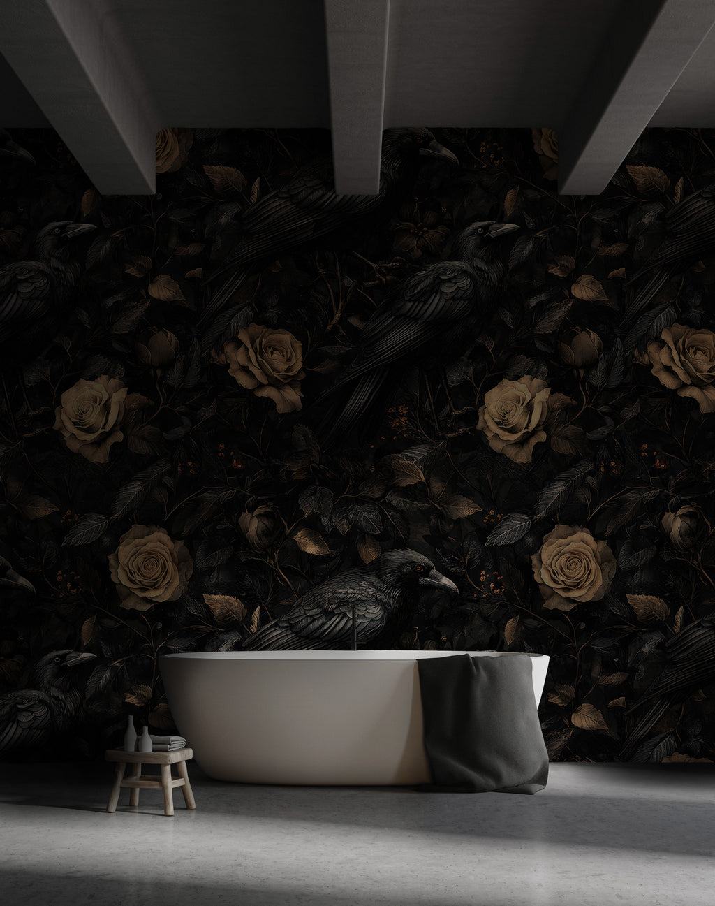 Raven and Rose Wallpaper : Gothic Dark Botanical Wall Mural - View 5