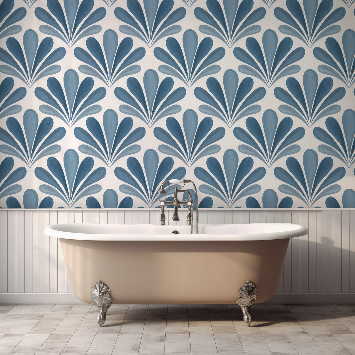 Blue Art Deco Fan Wallpaper : Scallop Palmette Wall Mural - View 4
