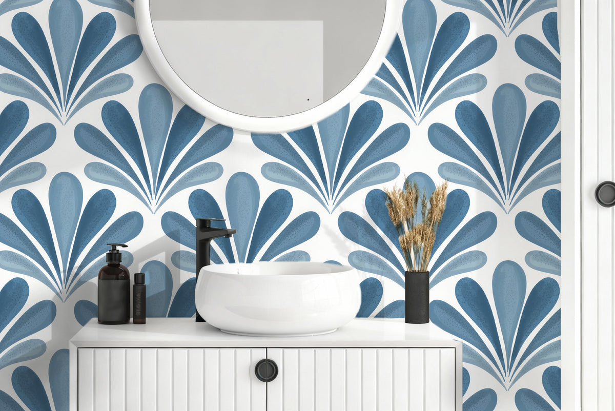 Blue Art Deco Fan Wallpaper : Scallop Palmette Wall Mural - View 3