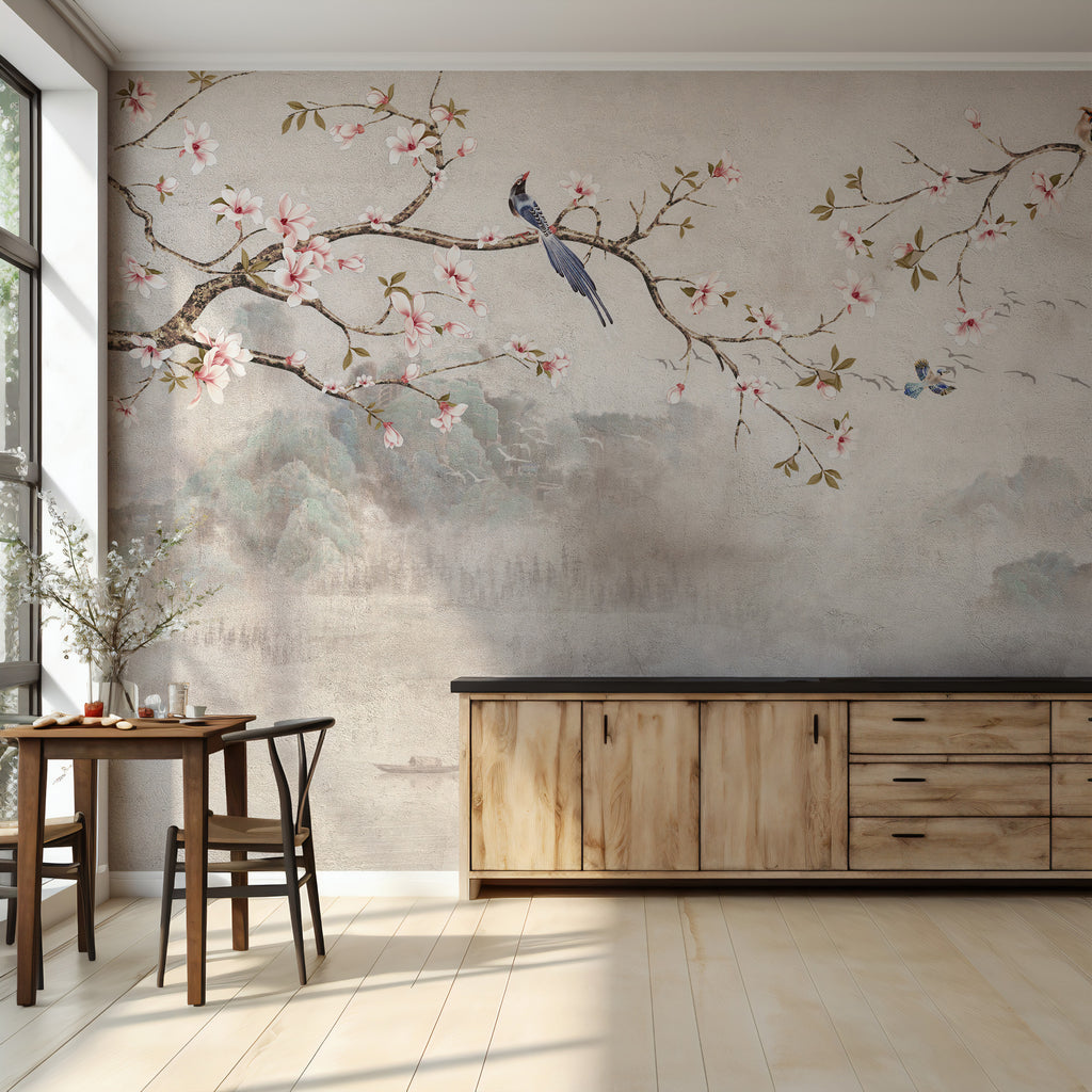 Asian Blossom Birds Wallpaper : Beige Vintage Chinoiserie Branch Mural - View 5