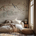 Asian Blossom Birds Wallpaper : Beige Vintage Chinoiserie Branch Mural