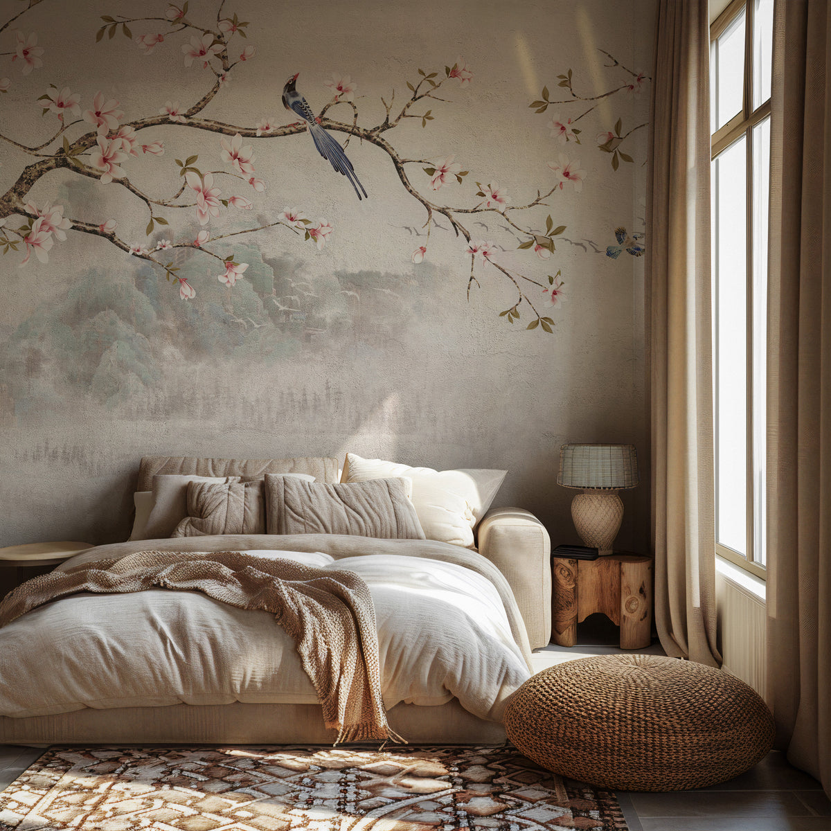 Asian Blossom Birds Wallpaper : Beige Vintage Chinoiserie Branch Mural