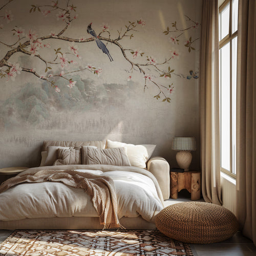 Asian Blossom Birds Wallpaper : Beige Vintage Chinoiserie Branch Mural