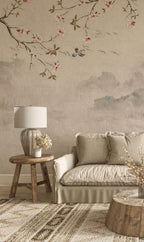 Asian Blossom Birds Wallpaper : Beige Vintage Chinoiserie Branch Mural - View 3