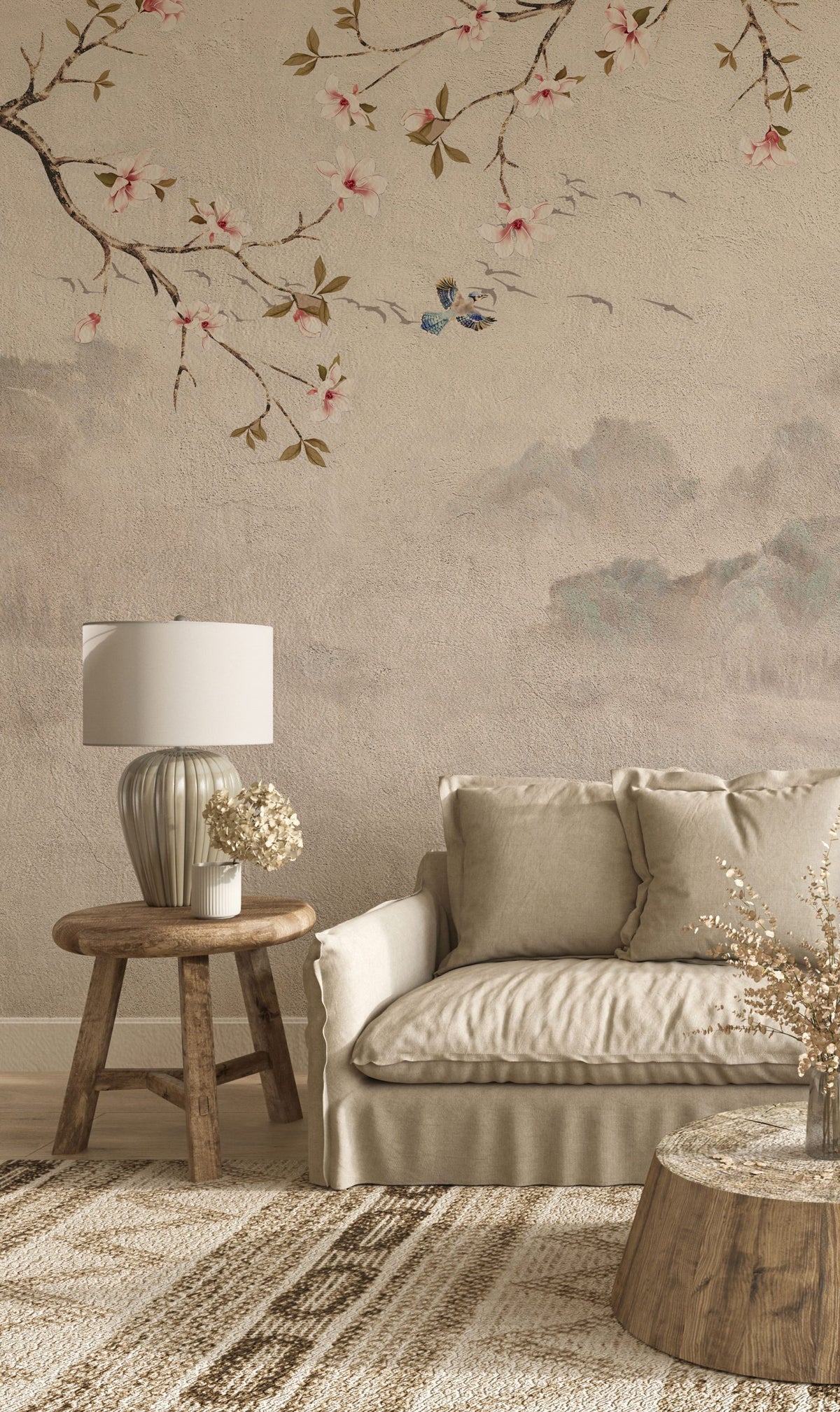Asian Blossom Birds Wallpaper : Beige Vintage Chinoiserie Branch Mural - View 3