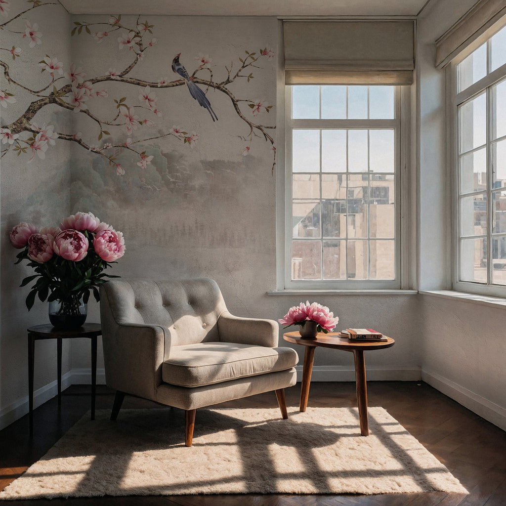 Asian Blossom Birds Wallpaper : Beige Vintage Chinoiserie Branch Mural - View 4