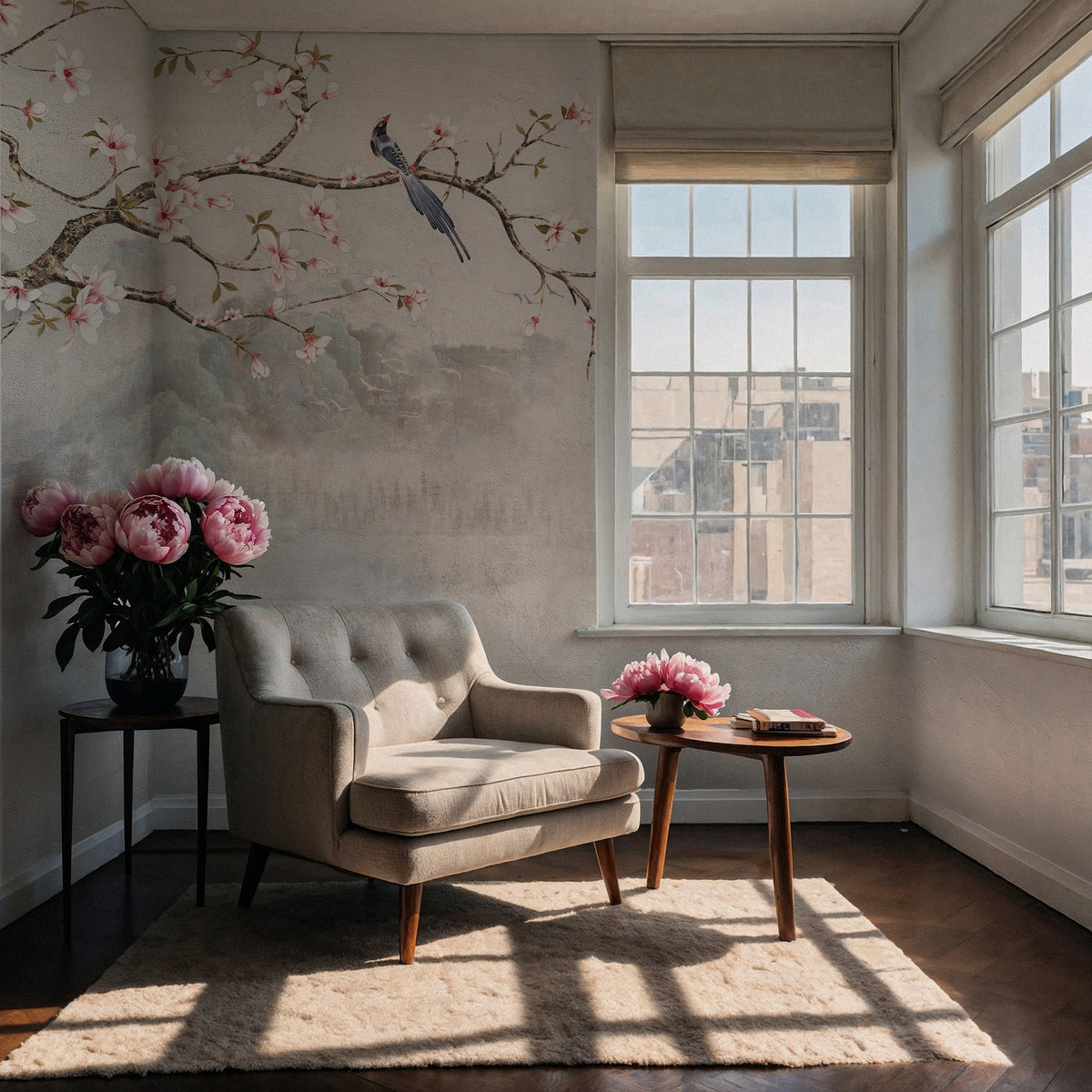 Asian Blossom Birds Wallpaper : Beige Vintage Chinoiserie Branch Mural - View 4