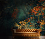 Autumn Tree Wallpaper : Dark Teal and Orange Foliage Artistic Mural