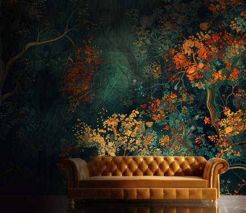 Autumn Tree Wallpaper : Dark Teal and Orange Foliage Artistic Mural