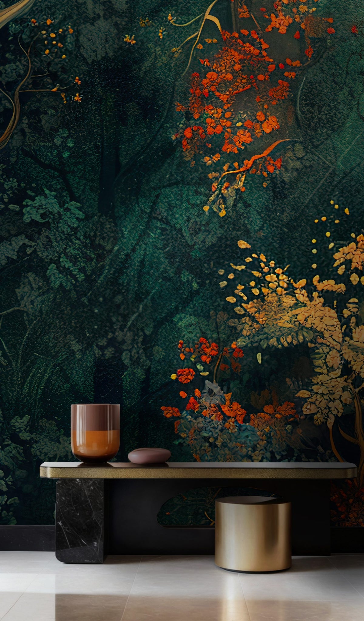 Autumn Tree Wallpaper : Dark Teal and Orange Foliage Artistic Mural - View 3