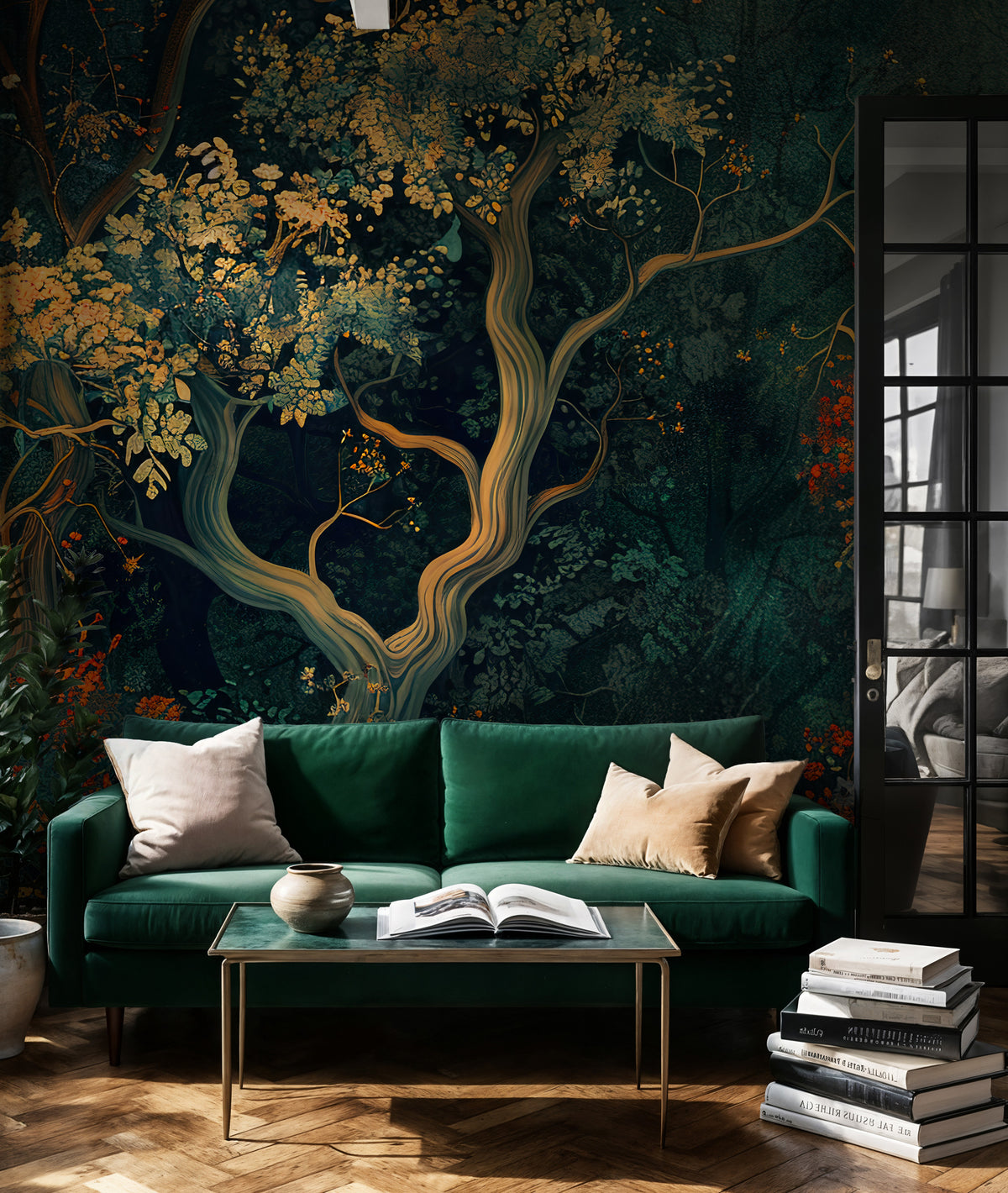Autumn Tree Wallpaper : Dark Teal and Orange Foliage Artistic Mural - View 4