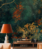Autumn Tree Wallpaper : Dark Teal and Orange Foliage Artistic Mural - View 5