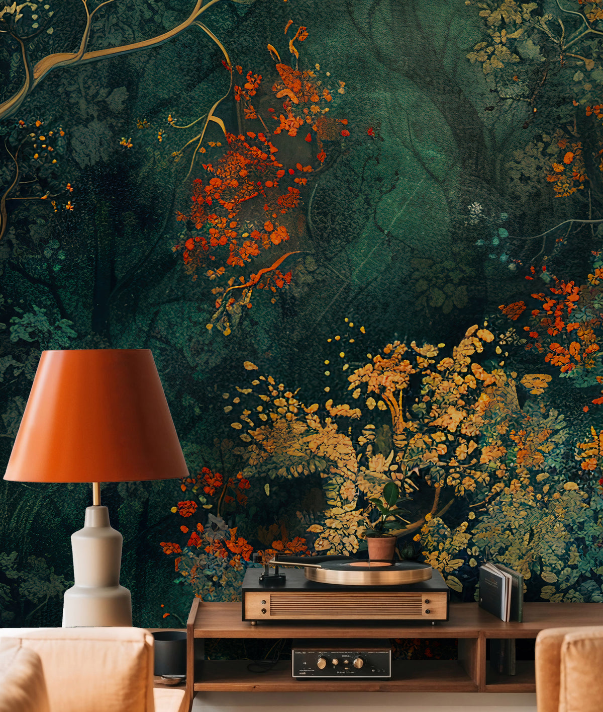 Autumn Tree Wallpaper : Dark Teal and Orange Foliage Artistic Mural - View 5
