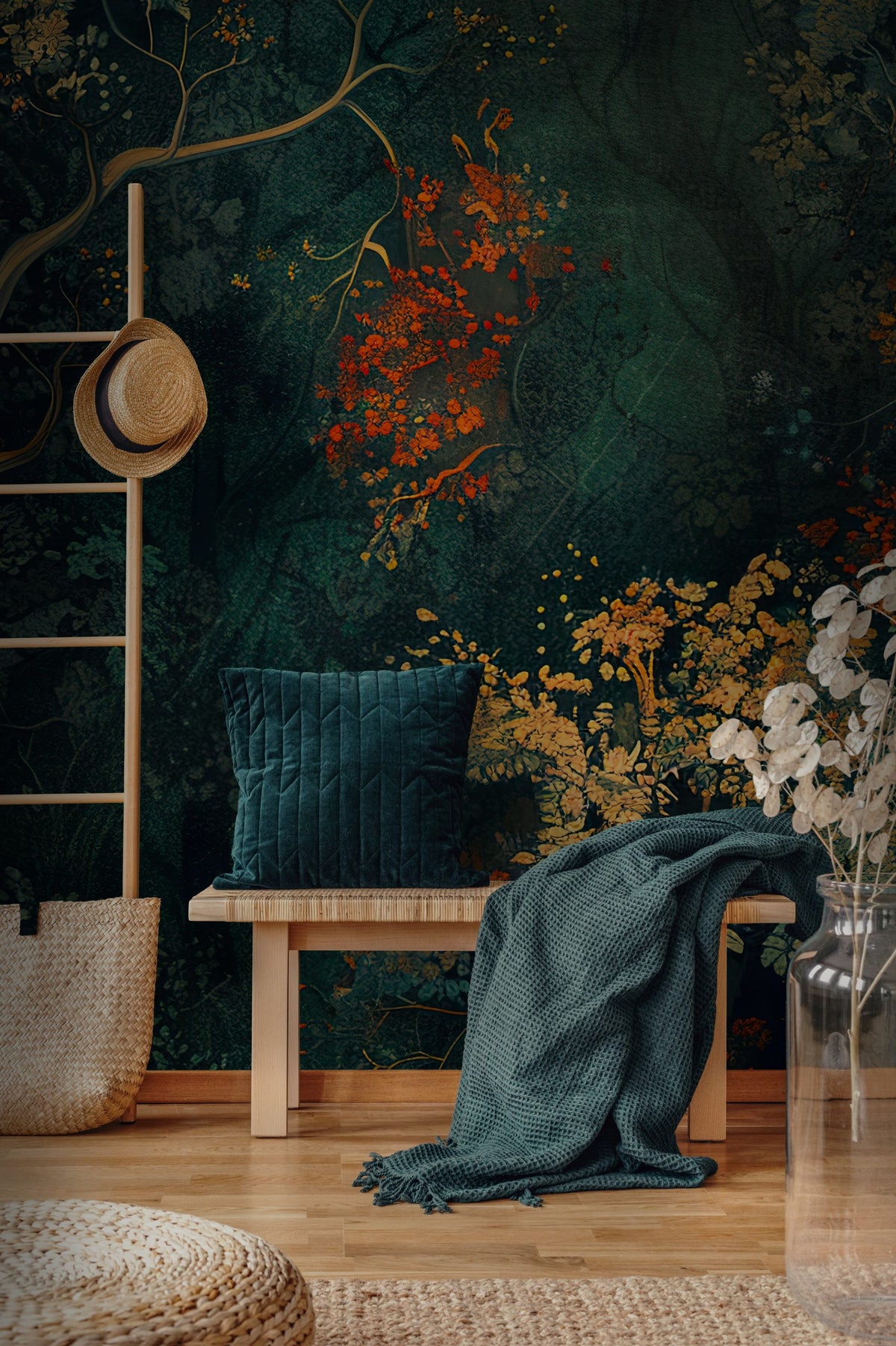 Autumn Tree Wallpaper : Dark Teal and Orange Foliage Artistic Mural - View 6