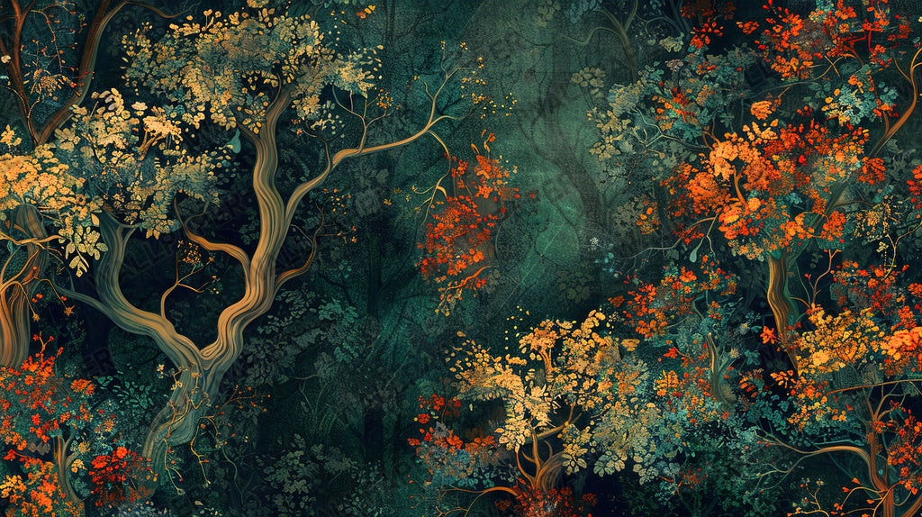 Autumn Tree Wallpaper : Dark Teal and Orange Foliage Artistic Mural - View 2