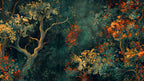 Artistic Tree Wallpaper : Dark Teal Forest with Autumn Foliage Mural - flat design
