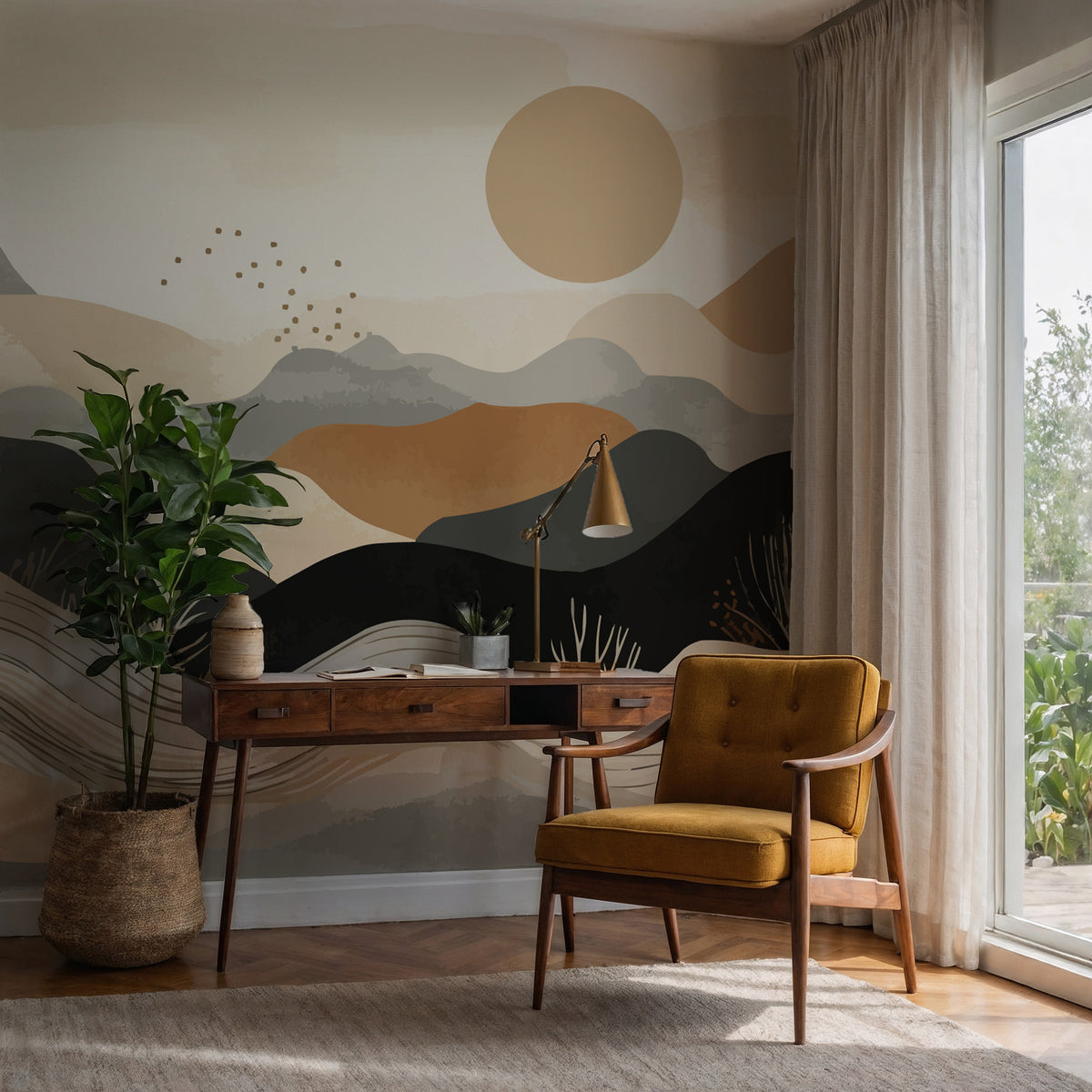 Boho Abstract Landscape Wallpaper : Sun Mountain and Wave Mural - View 3