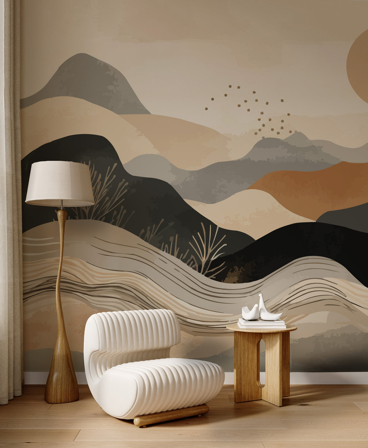 Boho Abstract Landscape Wallpaper : Sun Mountain and Wave Mural - View 4