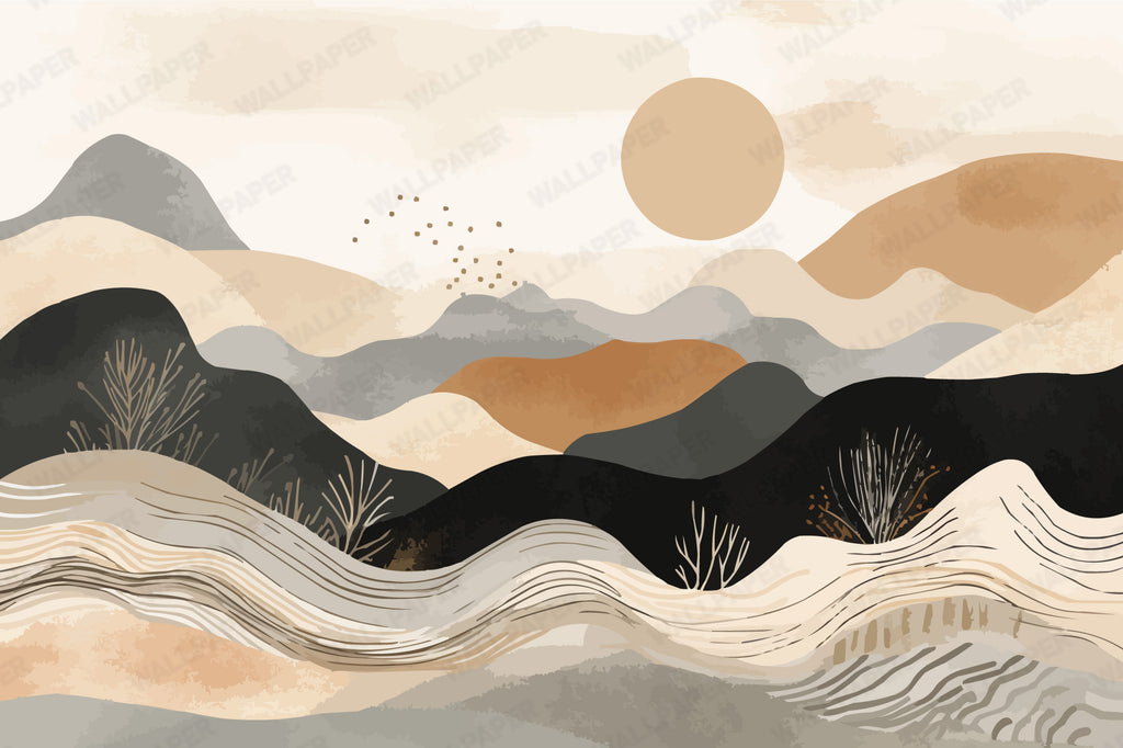 Boho Abstract Landscape Wallpaper : Sun Mountain and Wave Mural - View 2