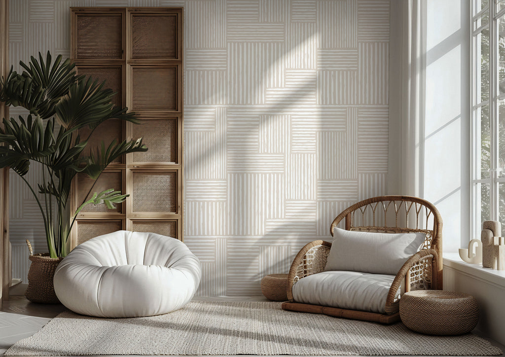 Beige Stripe Wallpaper : Subtle Vertical Line Textured Mural - View 3