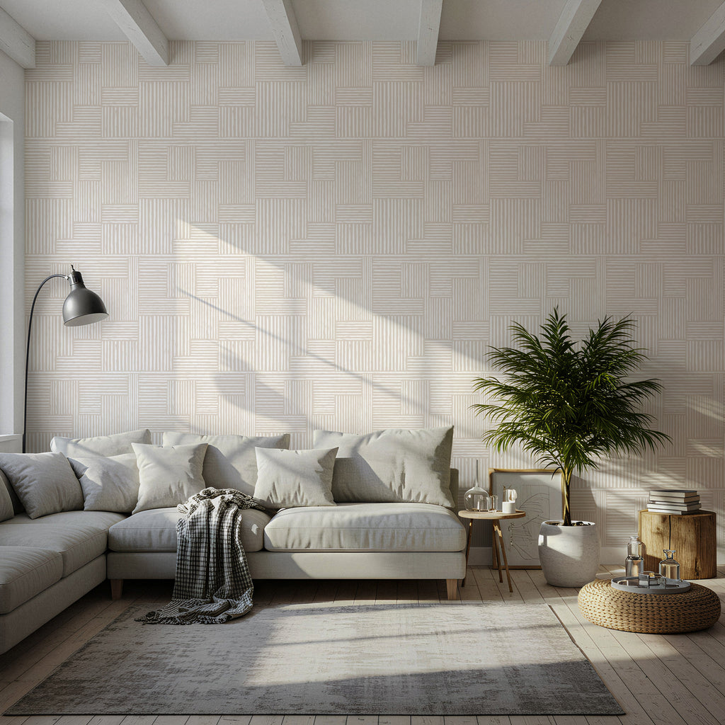 Beige Stripe Wallpaper : Subtle Vertical Line Textured Mural - View 5