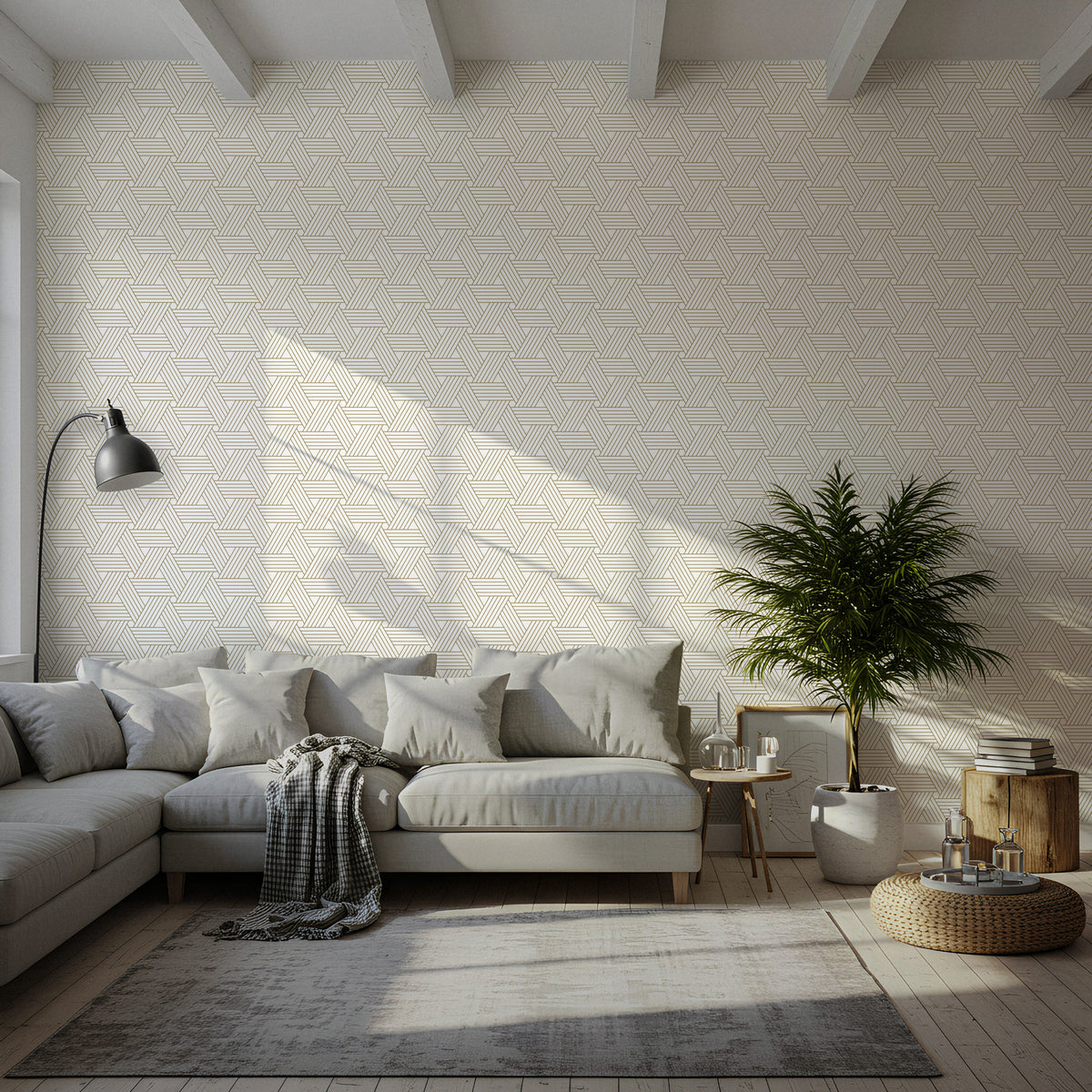 Minimal Gold Line Wallpaper : Cream Dash and Dot Textured Mural - View 4