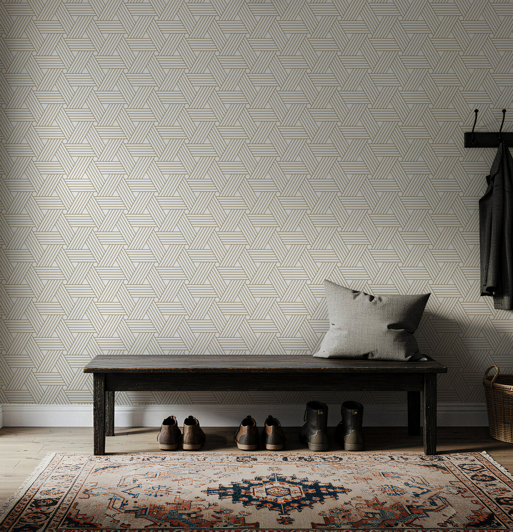 Minimal Gold Line Wallpaper : Cream Dash and Dot Textured Mural - View 5
