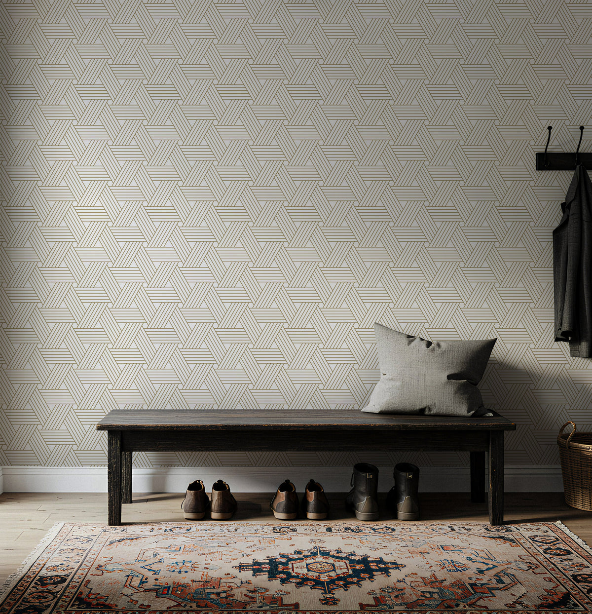 Minimal Gold Line Wallpaper : Cream Dash and Dot Textured Mural - View 5