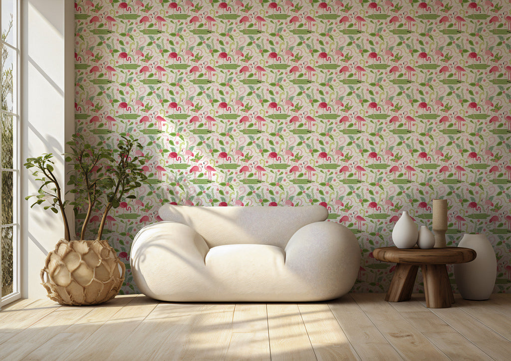 Flamingo Wallpaper : Pink Tropical Kids Room Wall Mural - View 3