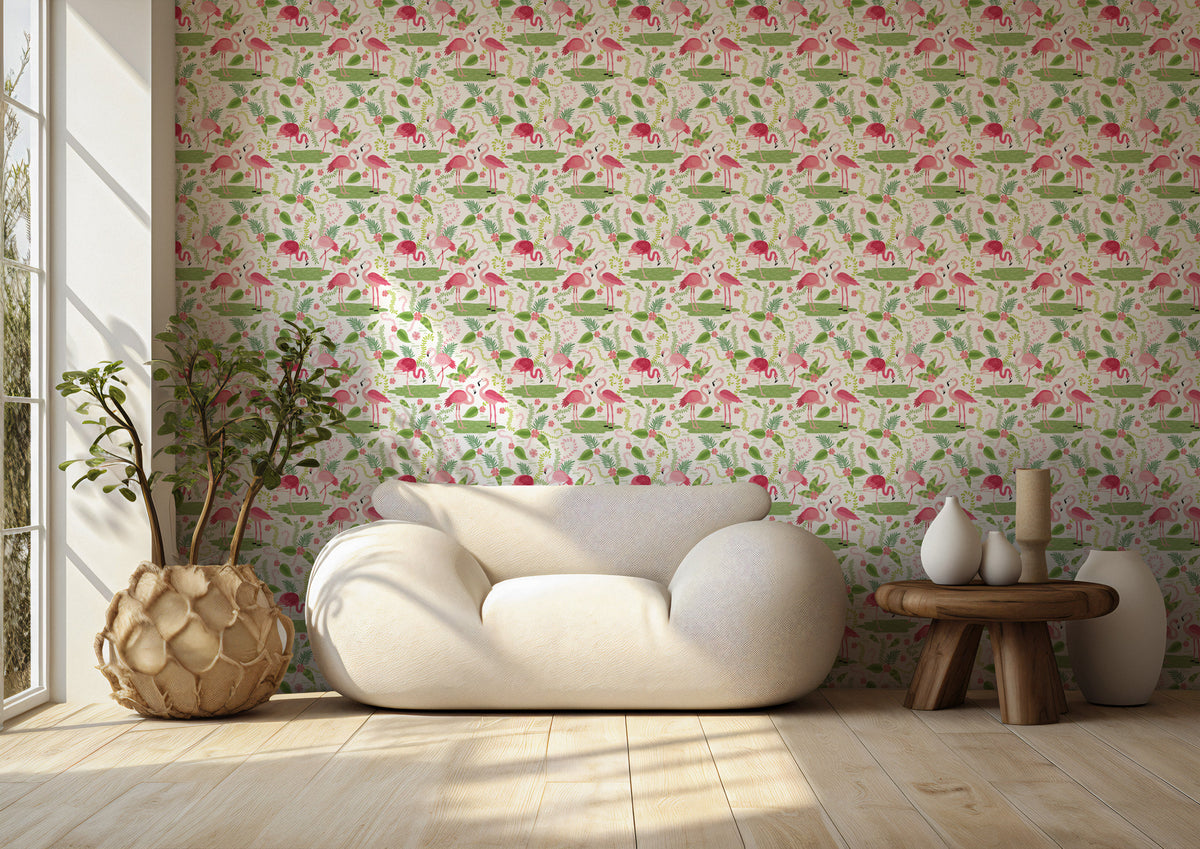 Flamingo Wallpaper : Pink Tropical Kids Room Wall Mural - View 3
