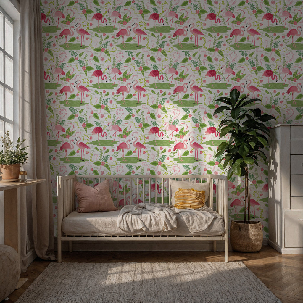 Flamingo Wallpaper : Pink Tropical Kids Room Wall Mural - View 4