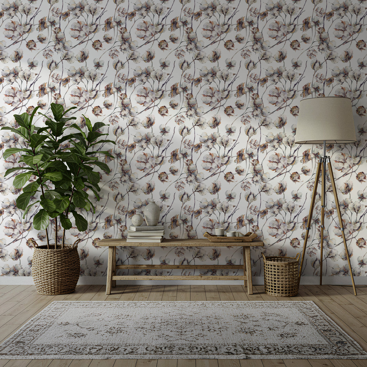 Cotton Flower Wallpaper : White Branch Neutral Wall Mural - View 3