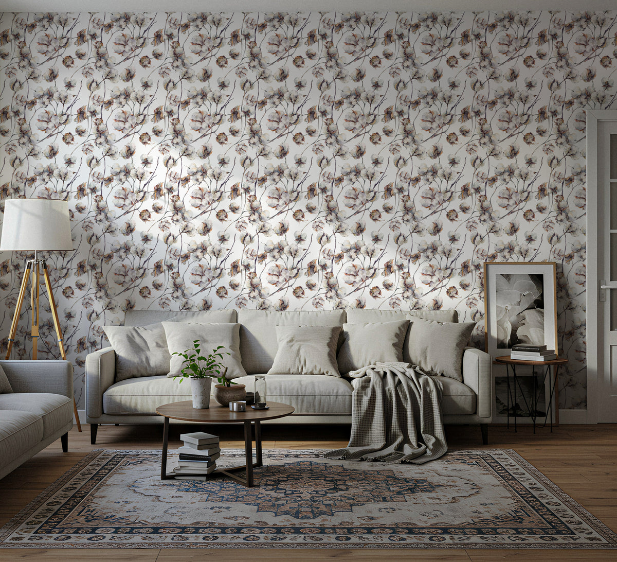 Cotton Flower Wallpaper : White Branch Neutral Wall Mural - View 5