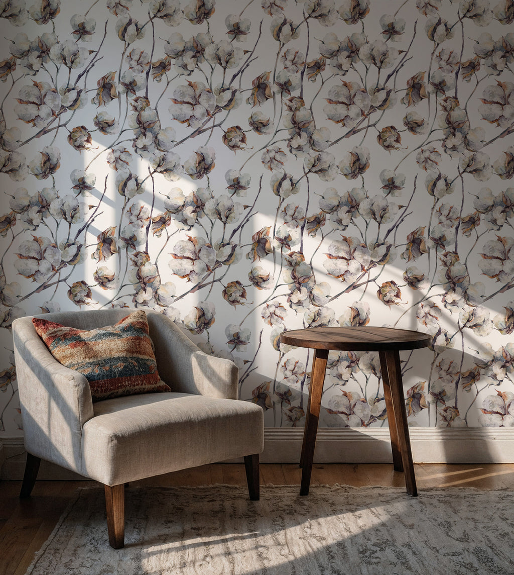 Cotton Flower Wallpaper : White Branch Neutral Wall Mural