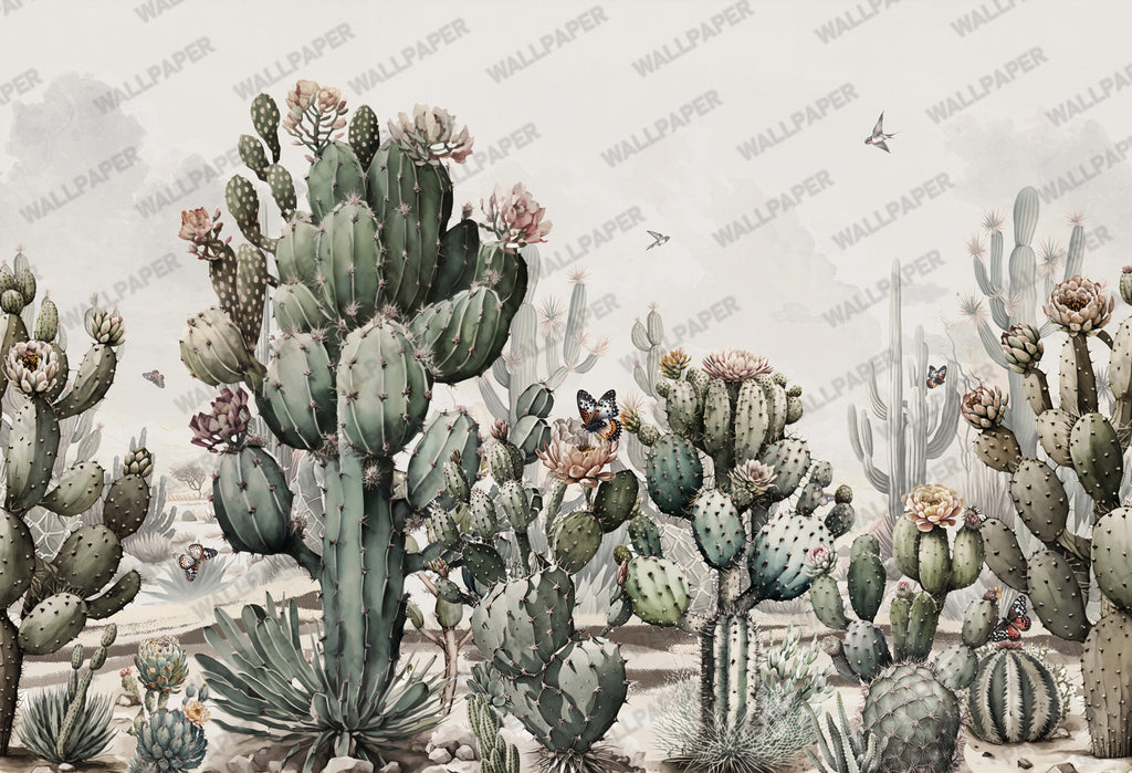 Tropical Cactus Wallpaper : Desert Green Succulent Garden Mural - View 2
