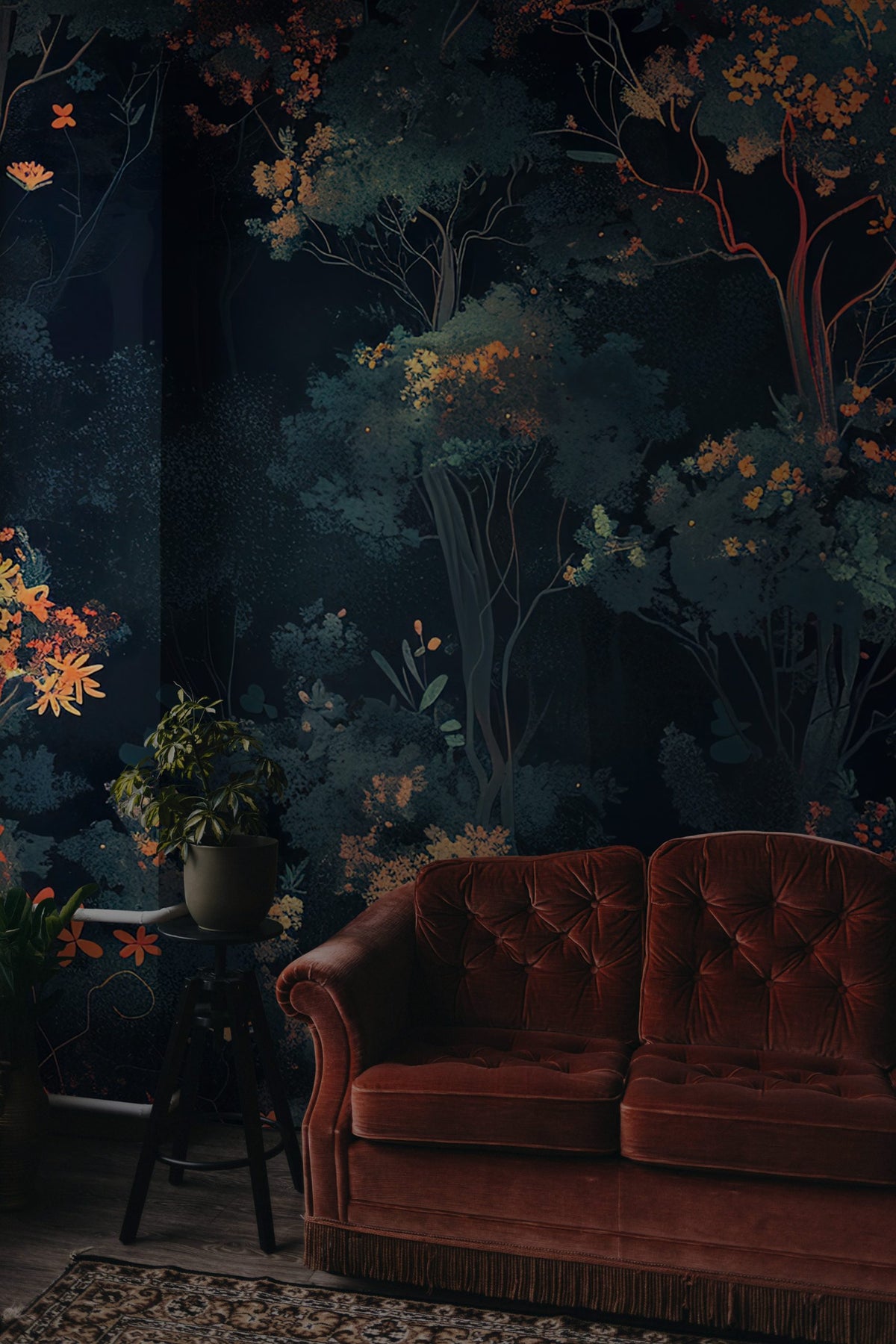 Night Forest Wallpaper : Navy and Autumn Tree Wall Mural - View 2