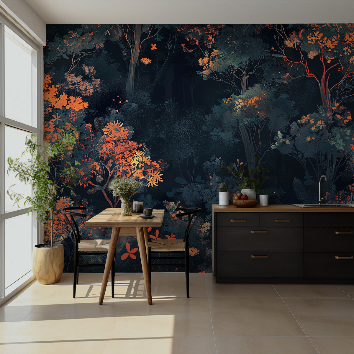 Night Forest Wallpaper : Navy and Autumn Tree Wall Mural - View 6
