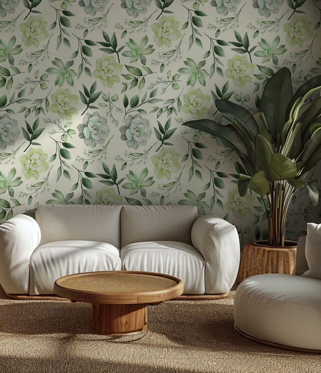 Succulent Wallpaper : Pale Green Watercolour Botanical Mural - View 4