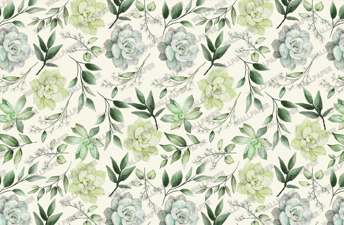 Succulent Wallpaper : Pale Green Watercolour Botanical Mural - View 2
