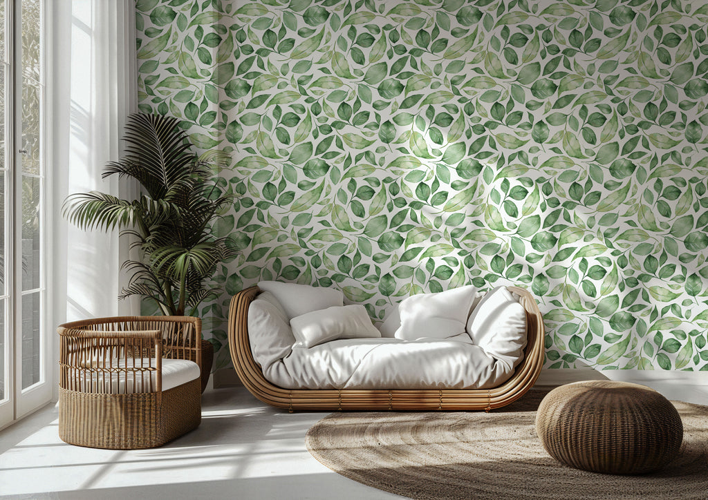 Green Leaf Wallpaper : Fresh Watercolour Foliage Wall Mural - View 3