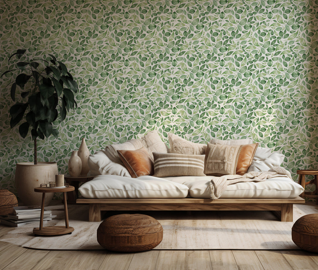 Green Leaf Wallpaper : Fresh Watercolour Foliage Wall Mural - View 4