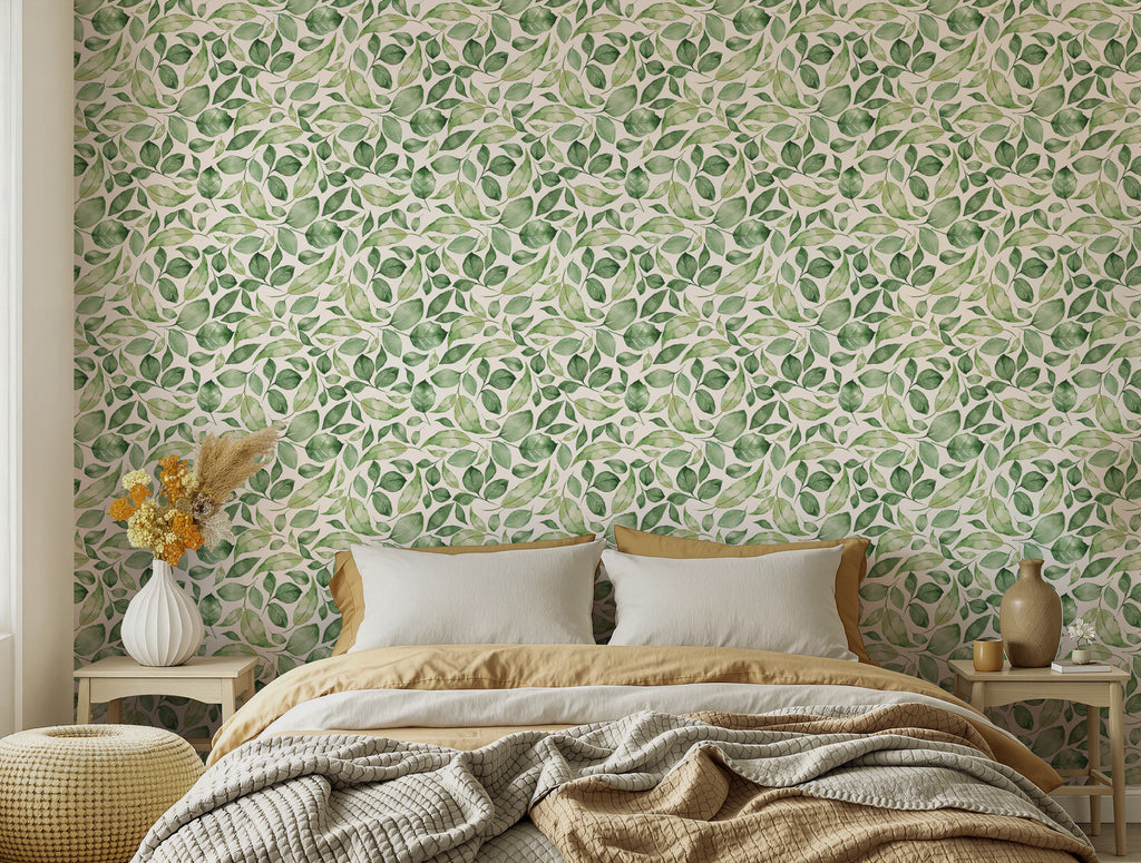 Green Leaf Wallpaper : Fresh Watercolour Foliage Wall Mural - View 5